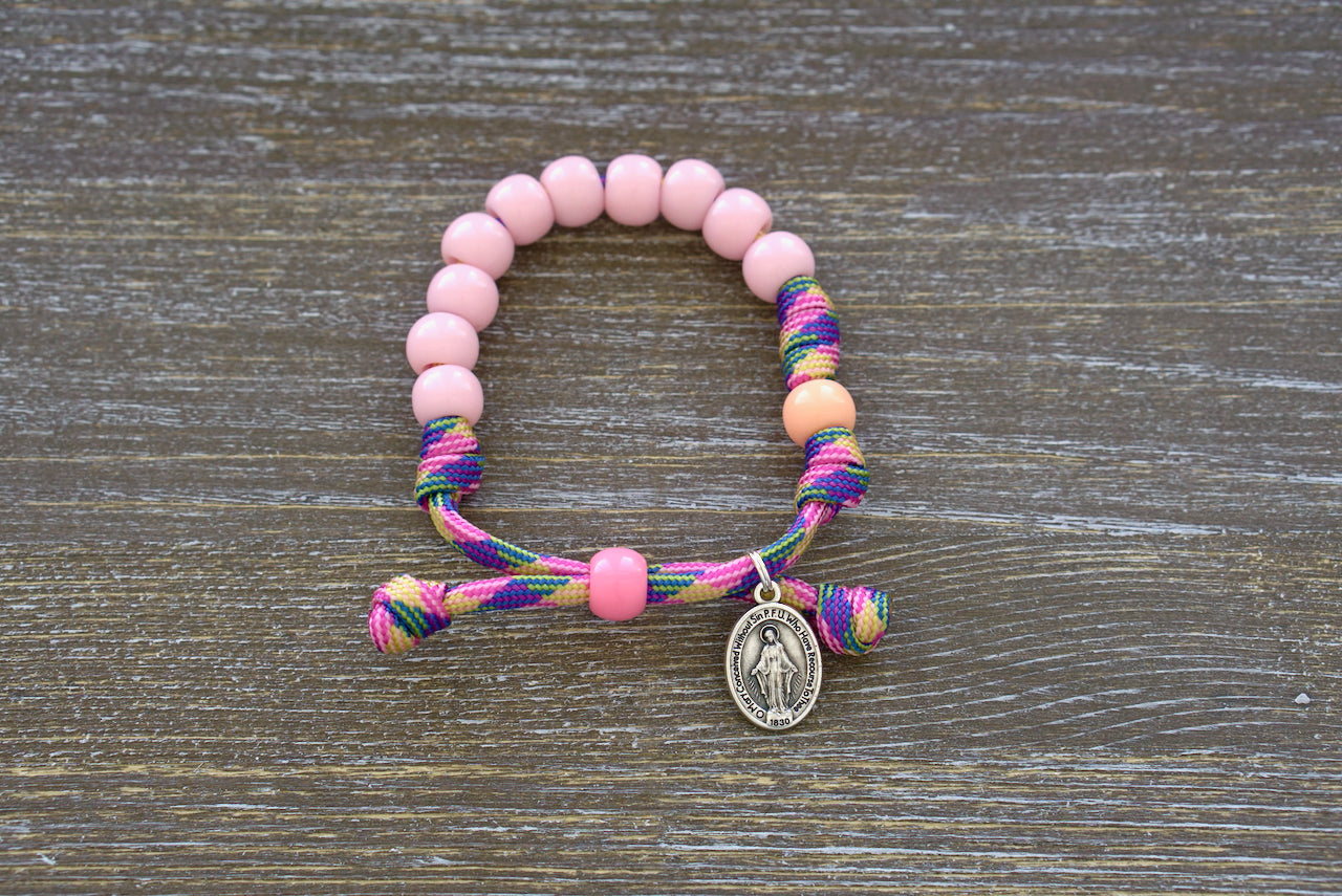 Little Lady's Miracle Kid's Rosary Bracelet - Pink/Green/Orange Paracord Bracelet with Petite Beads and Miraculous Medal Charm for Children's Spiritual Journey.