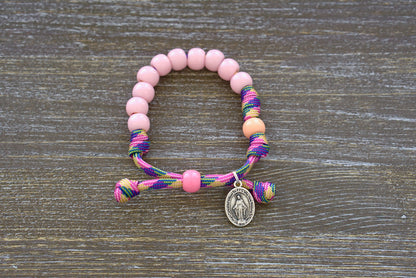 Little Lady's Miracle Kid's Rosary Bracelet - Pink/Green/Orange Paracord Bracelet with Petite Beads and Miraculous Medal Charm for Children's Spiritual Journey.