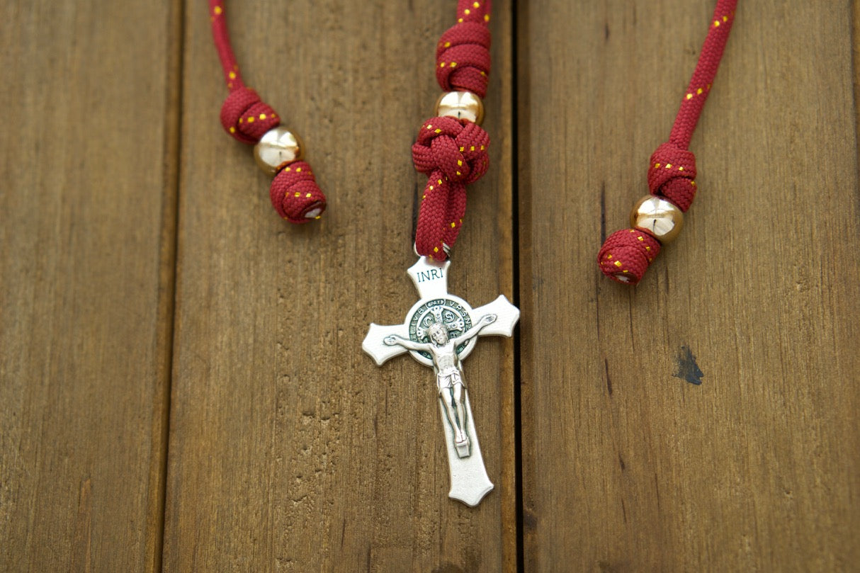 Maroon and Rose Gold - Rearview Mirror Paracord Rosary: A premium unbreakable Catholic gift designed to fit around your car's rearview mirror.