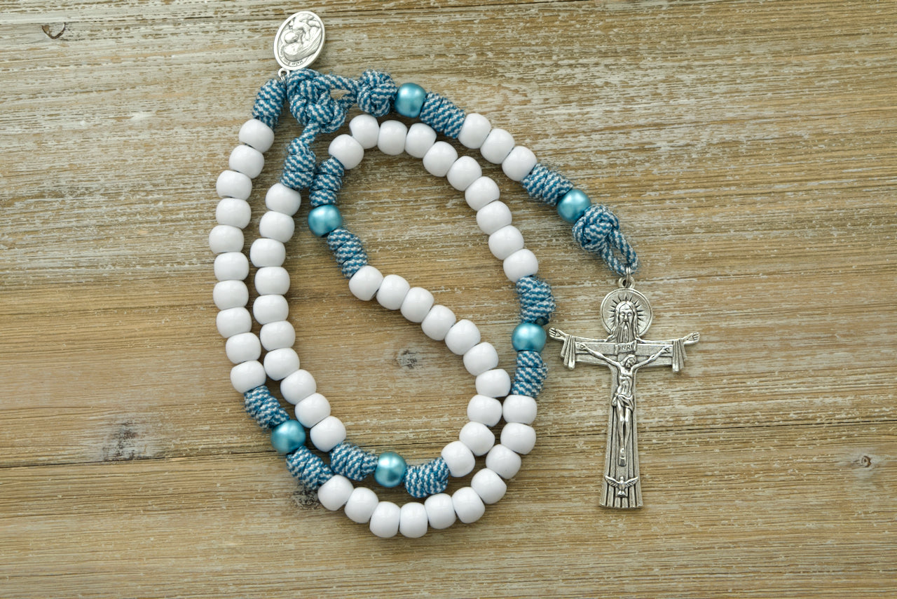 Beautiful blue and white teal Mater Boni Consilii (Our Lady of Good Counsel) - 5 Decade Paracord Rosary with a durable and unbreakable design, perfect for daily prayers and spiritual protection against temptation and doubt.