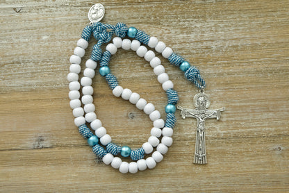 Beautiful blue and white teal Mater Boni Consilii (Our Lady of Good Counsel) - 5 Decade Paracord Rosary with a durable and unbreakable design, perfect for daily prayers and spiritual protection against temptation and doubt.