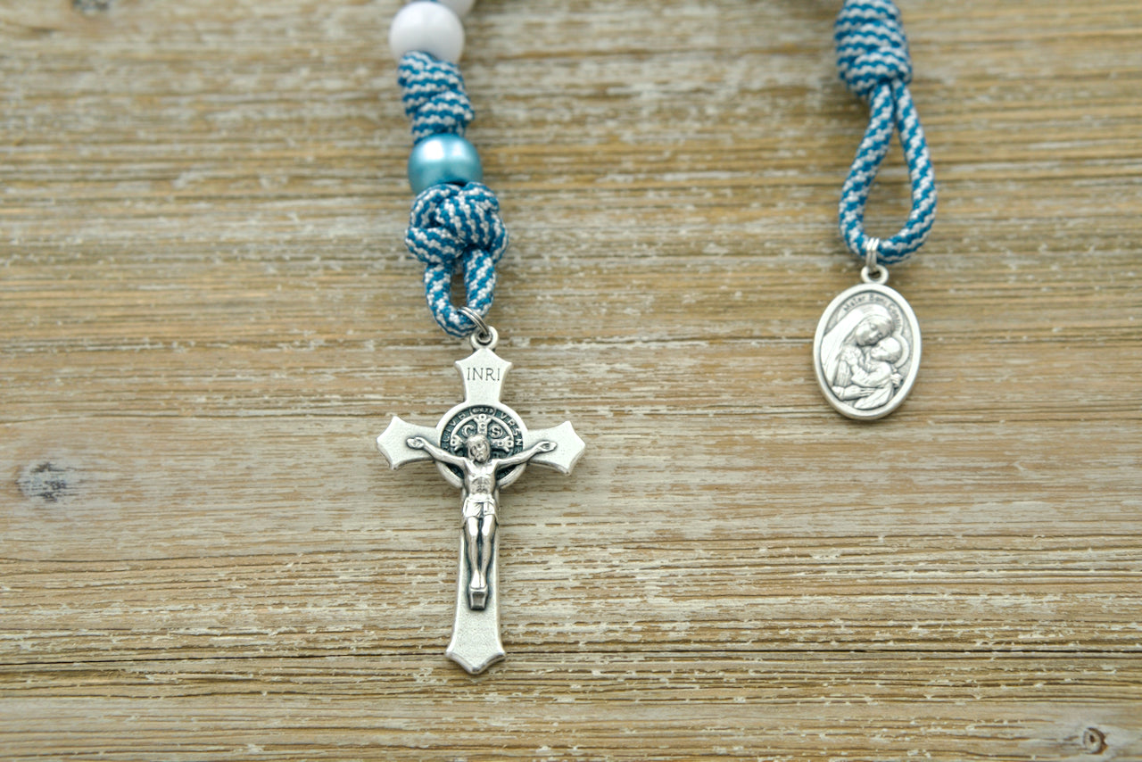Beautiful teal blue and white Mater Boni Consilii (Our Lady of Good Counsel) - 1 Decade Pocket Paracord Rosary with durable paracord, elegant St. Benedict crucifix, and unique devotional medals, perfect for honoring the patroness of priests and daily spiritual battles.