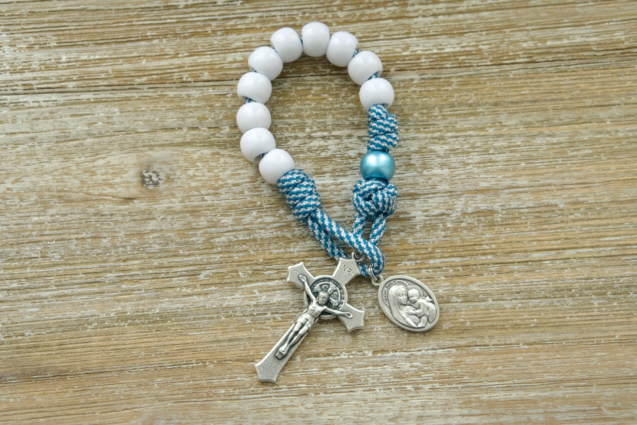 Mater Boni Consilii (Our Lady of Good Counsel) - Teal Blue and White - 1 Decade Pocket Paracord Rosary - Unbreakable paracord rosary featuring durable teal blue and white striped rope, Mater Boni Consilii/Holy Trinity devotional medal, and a 2-inch St. Benedict crucifix