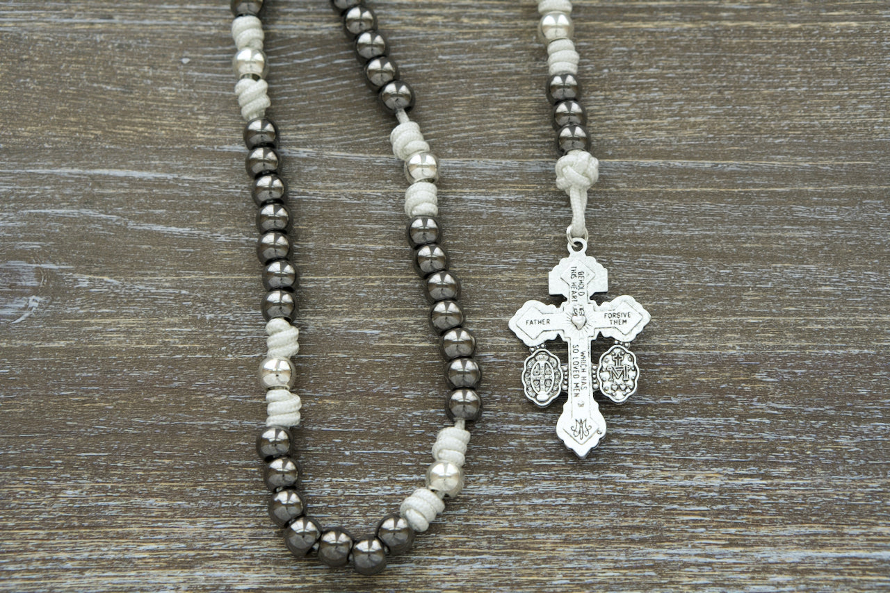 Premium 7 Sorrows Servite Rosary - White Paracord, Gunmetal & Silver Hail Mary Beads - Durable Unbreakable Catholic Gift for Prayer