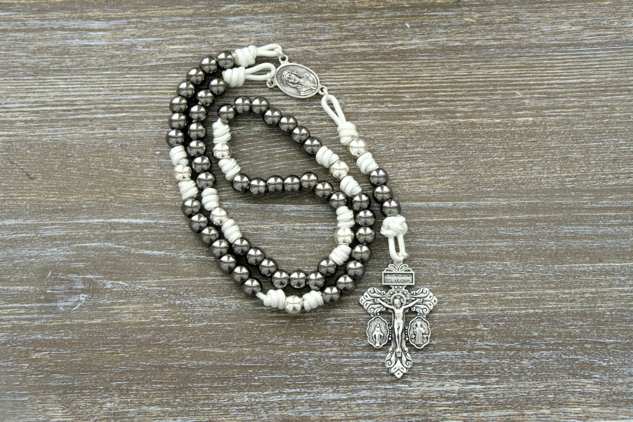 Premium 7 Sorrows Servite Rosary - White Paracord, Silver & Gunmetal Hail Mary & Our Father Beads - Mater Dolorosa Centerpiece - 2" Pardon Crucificx - Catholic Gift - Unbreakable Paracord Chaplet for Contemplation & Prayer