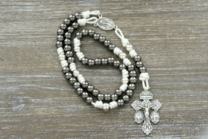 Premium 7 Sorrows Servite Rosary in White, Silver, and Gunmetal - Durable Paracord Rosary with Mater Dolorosa/Ecce Homo Centerpiece and 2" Pardon Crucifix - Catholic Gift for Prayer and Contemplation
