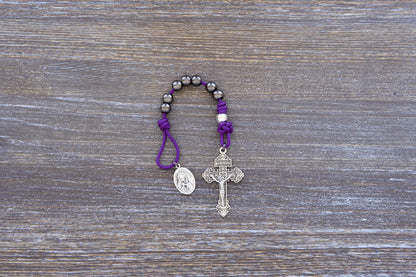 7 Sorrows Servite Pocket Rosary in purple with metal beads and Mater Dolorosa medallion