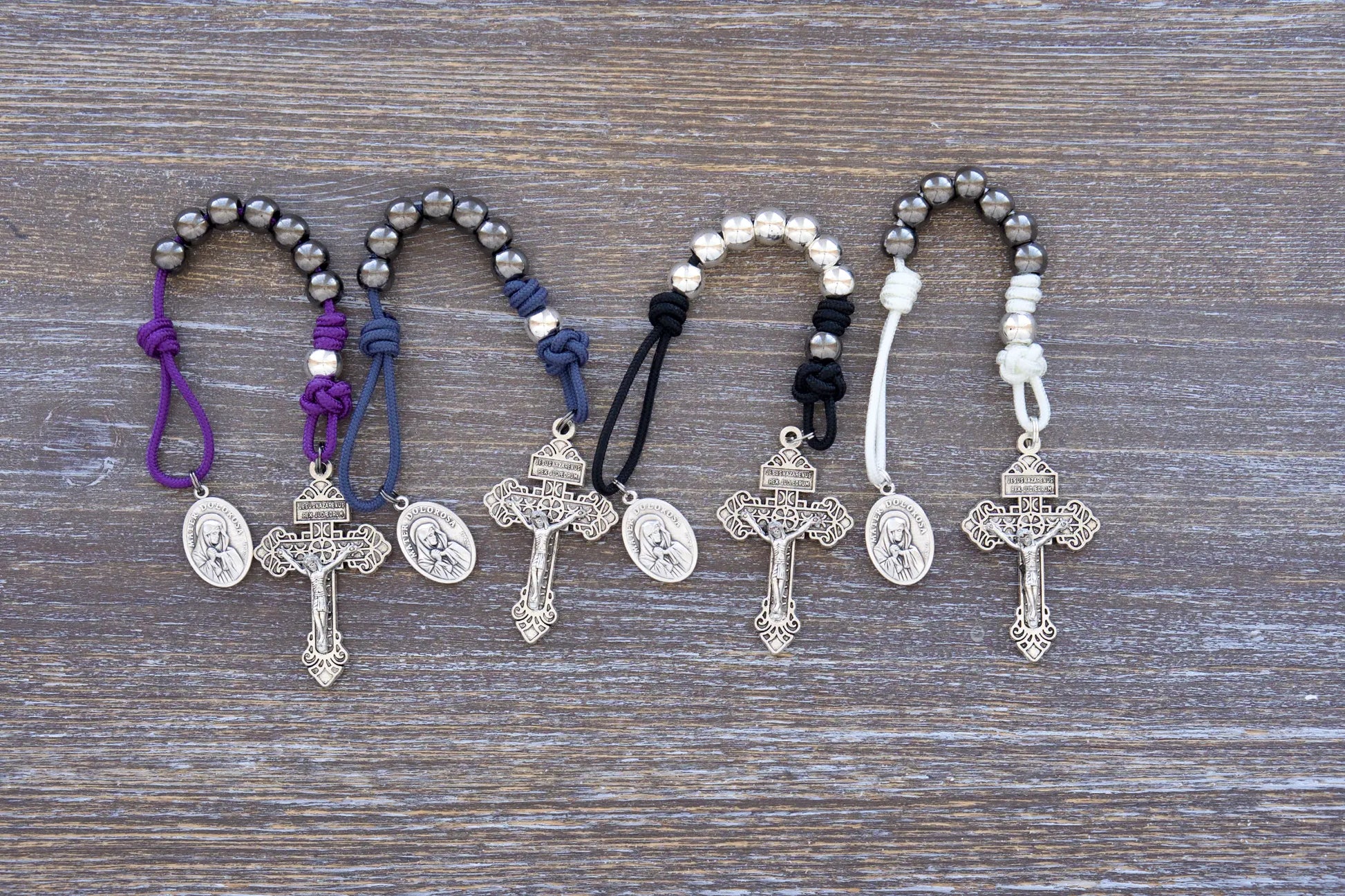 7 Sorrows Servite Rosary in navy blue with black and purple beads, metal design, Mater Dolorosa chaplet, premium white and gunmetal accents