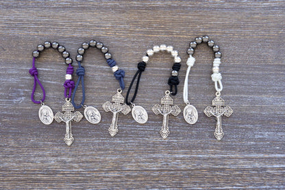 7 Sorrows Servite Rosary in navy blue with black and purple beads, metal design, Mater Dolorosa chaplet, premium white and gunmetal accents