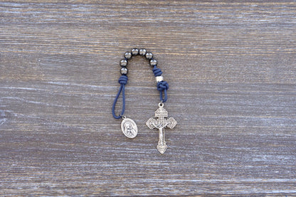 7 Sorrows Servite Pocket Rosary in navy blue with metal beads and Mater Dolorosa medallion