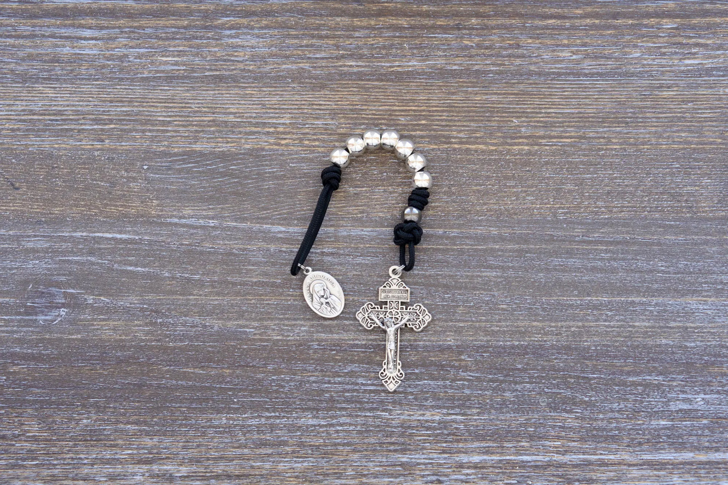 7 Sorrows Servite Pocket Rosary in black with metal beads and Mater Dolorosa medallion