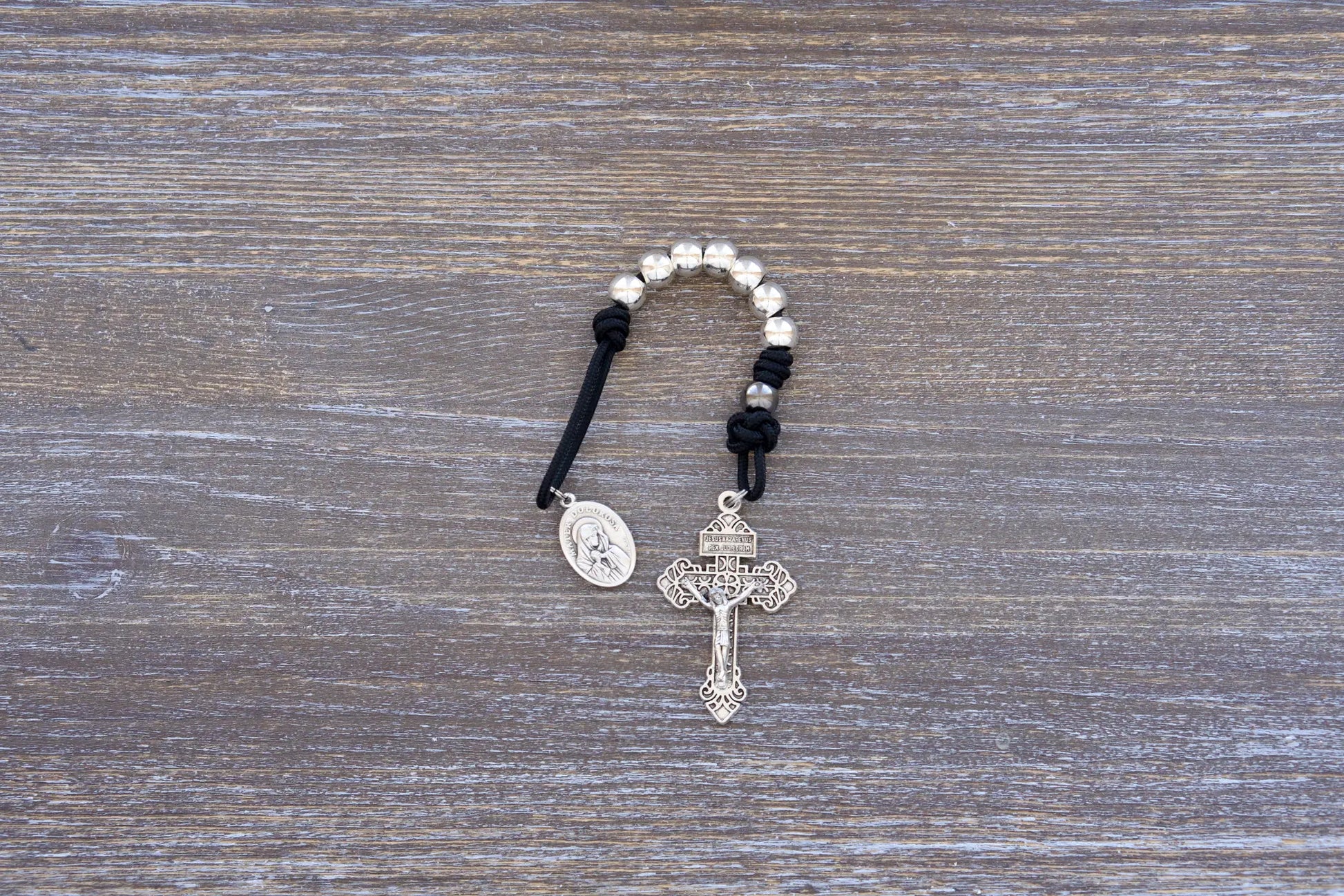 7 Sorrows Servite Pocket Rosary in black with metal beads and Mater Dolorosa medallion