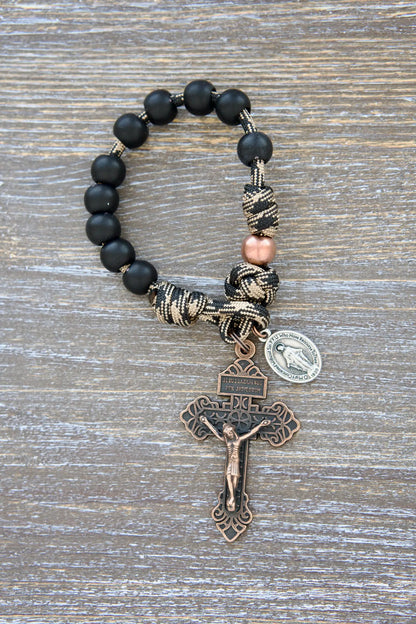 Mini Duty Hail Mary kids paracord rosary in camo black and brown with matte black beads, copper Our Father beads, pardon crucifix.