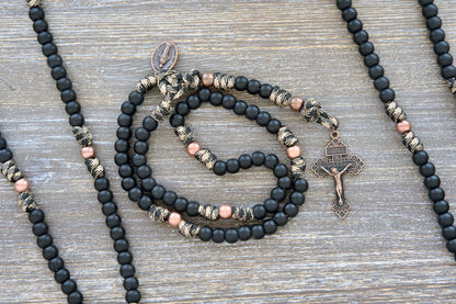 Mini Duty Hail Mary kids rosary in camo paracord with 10mm black beads, antique copper Our Father beads, and a copper crucifix.