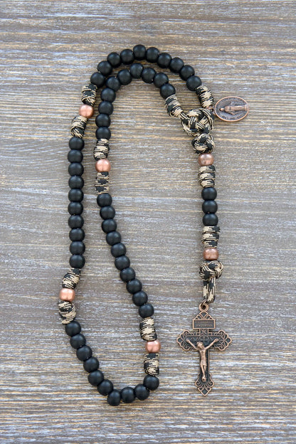 Mini Duty Hail Mary paracord rosary in camo black with 10mm matte beads and copper crucifix for children.