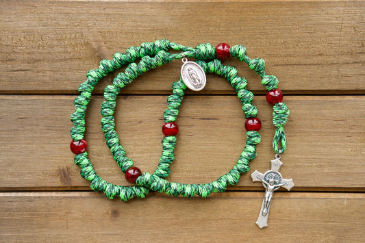 Our Lady of Guadalupe Green and Red Knotted Rope Rosary - Paracord 550 with Acrylic Accent Beads, St. Benedict Crucifix, and Our Lady of Guadalupe Devotional Medal - Perfect for Kids or Adults, Durable and Unbreakable Design, Handmade by Catholic Family