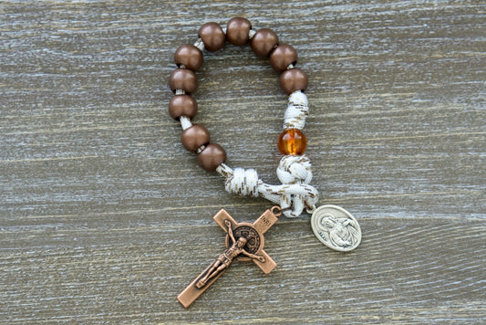 Our Lady of Mount Carmel Pocket Paracord Rosary - Premium Catholic Gift with Antique Copper Beads, Transparent Copper Our Father Bead, and Copper St. Benedict Crucifix