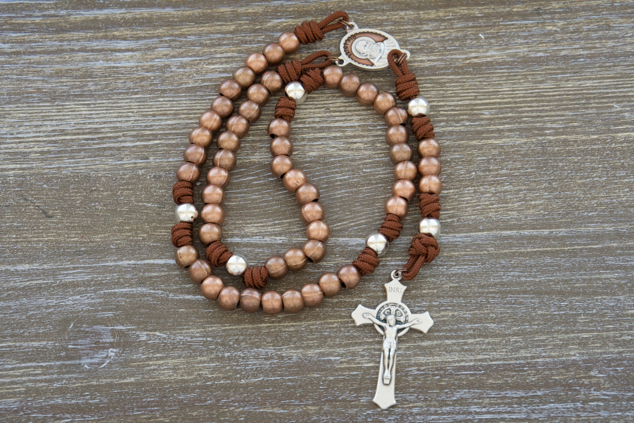 St. Padre Pio Stainless Steel Paracord Rosary - Durable, Premium Catholic Gift for Spiritual Journey with 275 Paracord, Antique Copper Hail Mary Beads, Shiny Silver Our Father Beads, Brown Enamel St. Padre Pio Medal, and 2" St. Benedict Crucifix - Handmade by Sanctus Servo's Catholic Family of 6.
