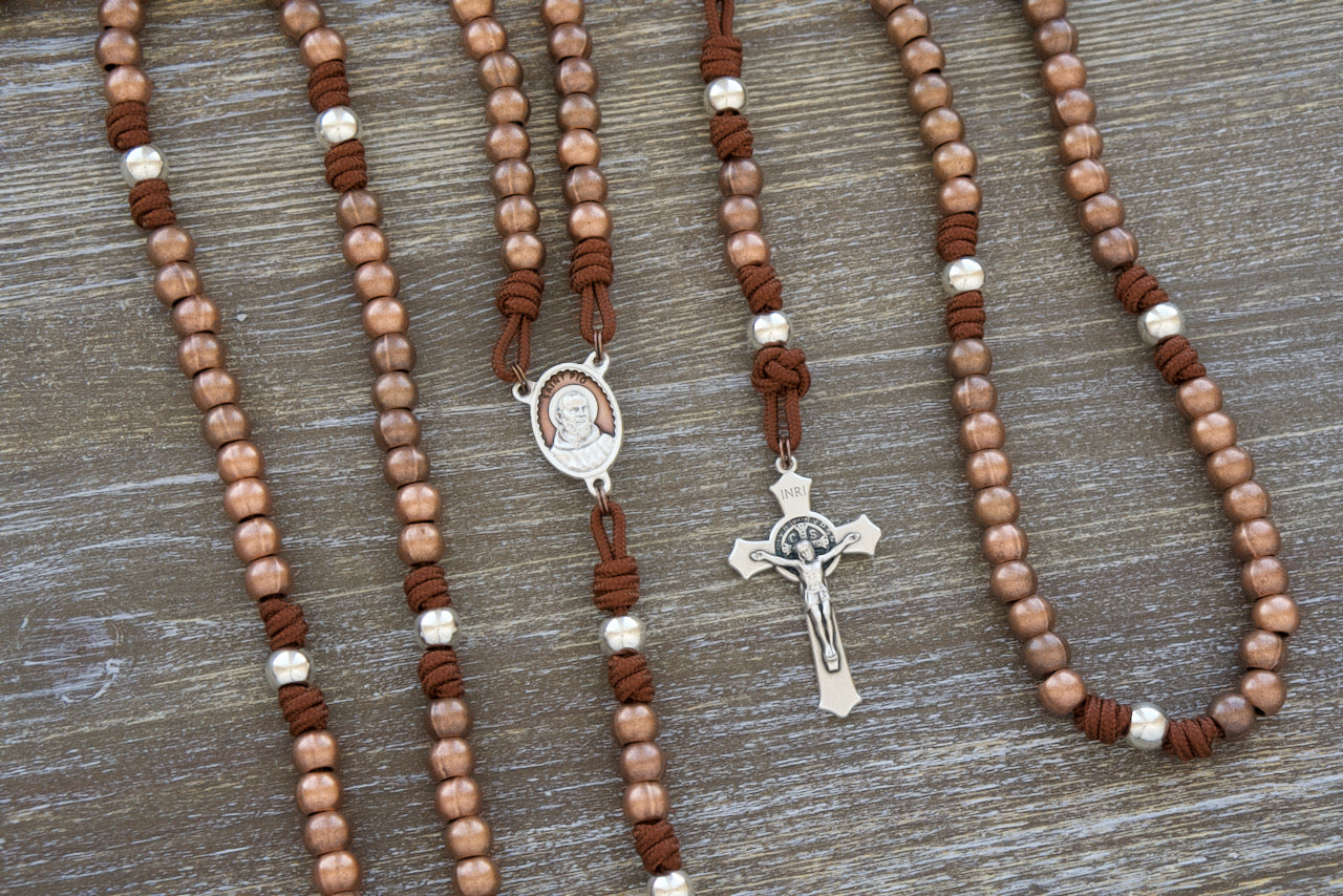 St. Padre Pio Stainless Steel Paracord Rosary - Durable, Premium Catholic Gift with Antique Copper Hail Mary Beads and 10mm St. Benedict Crucifix.