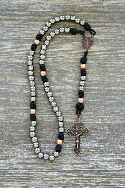 Durable Gunmetal, Gold and Black Premium Metal Rosary with St. Benedict Center Medal - Stronghold of Grace Paracord Rosary by Sanctus Servo - Ideal for personal devotion or Catholic gifts.