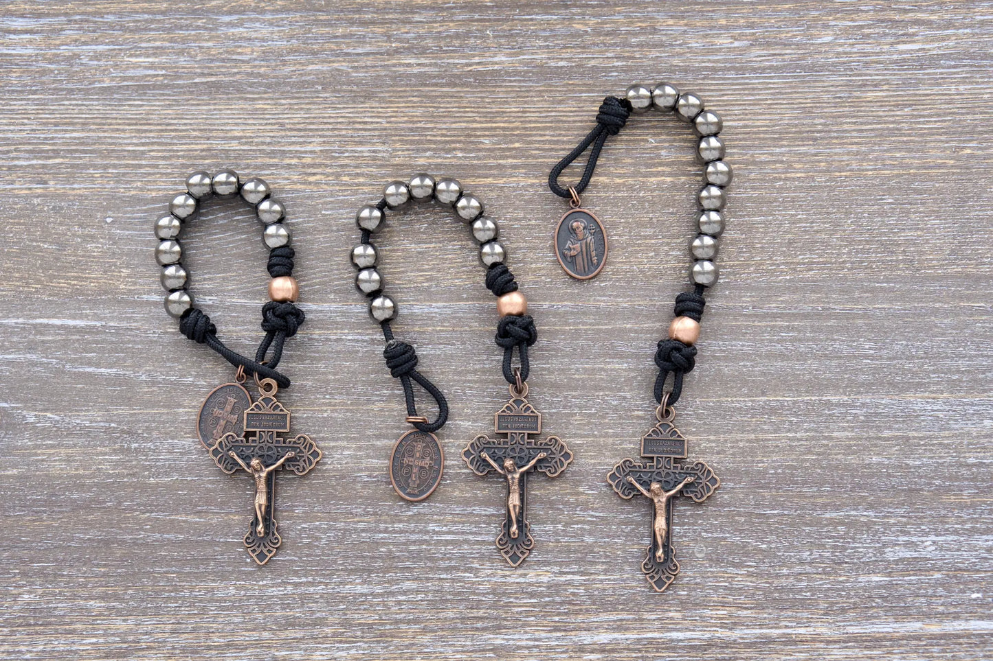 Path of the Disciple Pocket Paracord Rosary with metal alloy beads, copper Pardon Crucifix and St. Benedict medal
