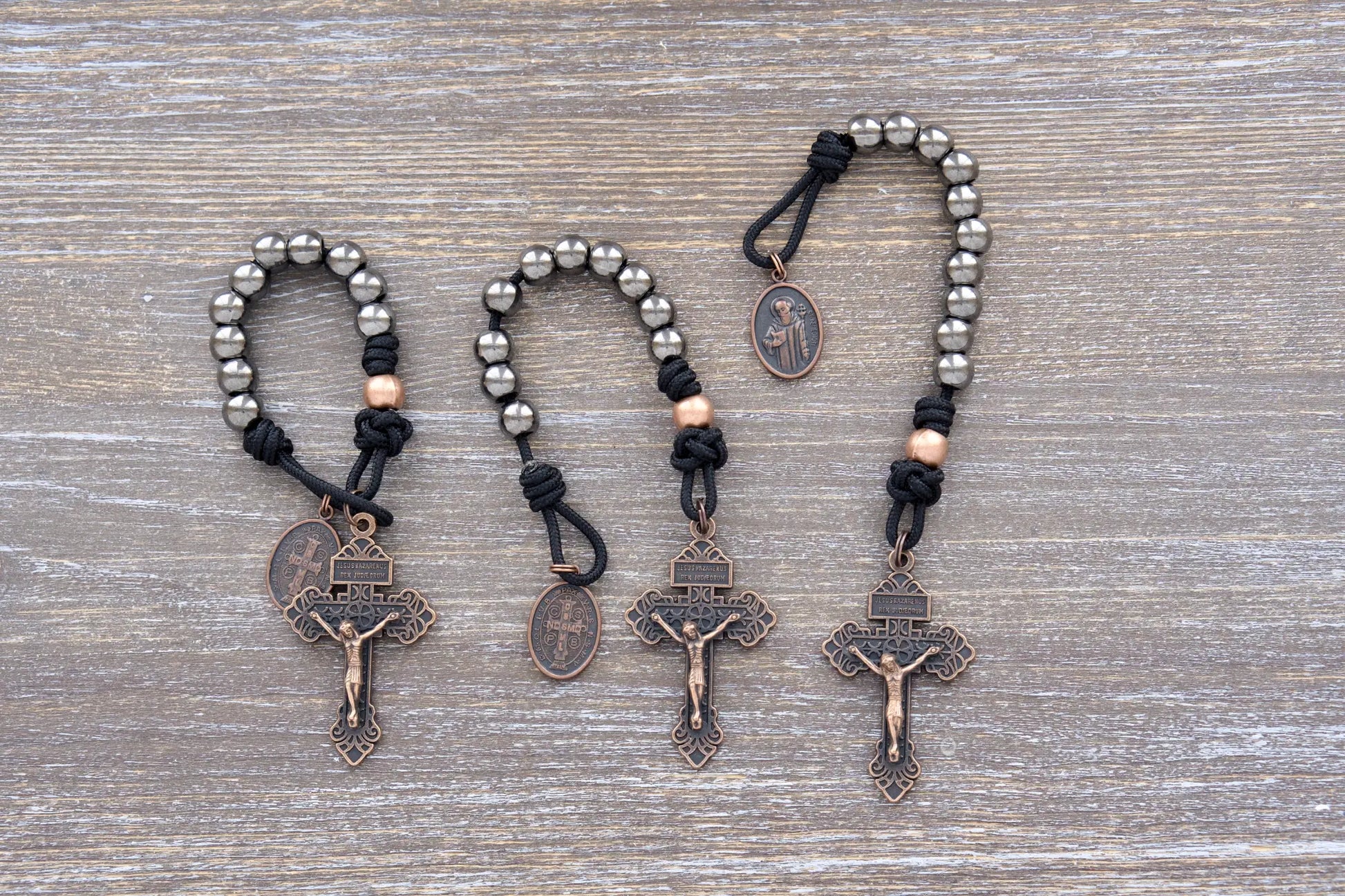 Path of the Disciple Pocket Paracord Rosary with metal alloy beads, copper Pardon Crucifix and St. Benedict medal