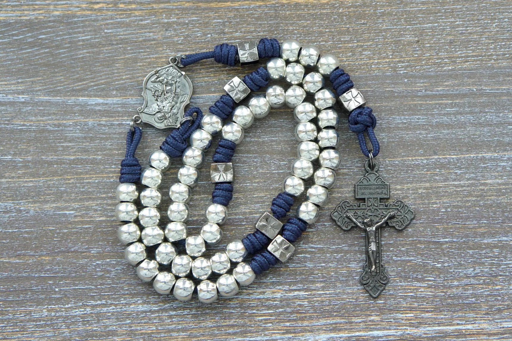 Silver Metal rosary with gunmetal crucifix and centerpiece, navy blue paracord, 10mm metal beads, gunmetal crusader Our Father beads