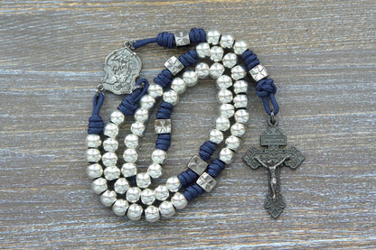 Silver Metal rosary with gunmetal crucifix and centerpiece, navy blue paracord, 10mm metal beads, gunmetal crusader Our Father beads