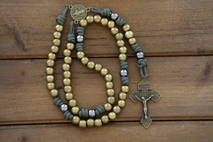 Sacred Steel - Stainless Steel Catholic Paracord Rosary with Olive Beads, St. Benedict Medal, & 2" Pardon Crucifix (Dark Forest Green) - Durable, Unbreakable, and Elegant for Daily Prayer