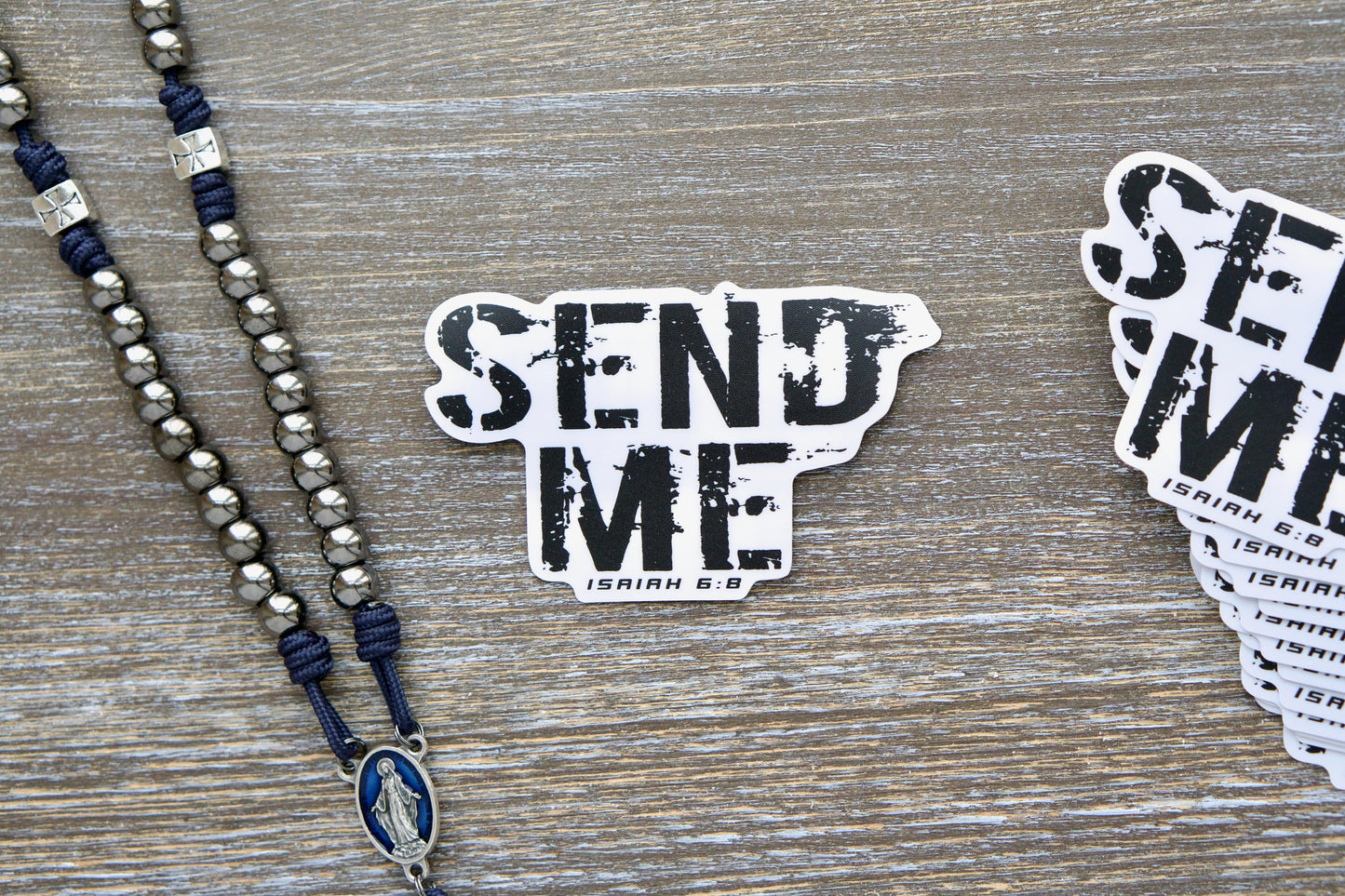 Send Me - Vinyl Sticker: A removable white vinyl sticker featuring the powerful quote from Isaiah 6:8: 'Whom shall I send? And who will go for us? Then I said, Here am I, SEND ME.'  Measures 3.75" wide by 2.34" tall, matte-laminated for durability and UV resistance, suitable for indoor/outdoor use on most surfaces.