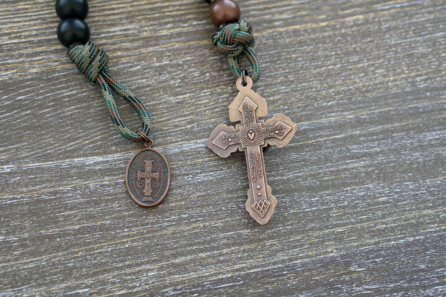 The Serpent Slayer - Pocket Paracord Rosary: A Masculine and Spiritual Powerhouse Against Evil - Matte Black Hail Mary Beads, Antique Copper Our Father Bead, St. Benedict Medal, and 2-inch Pardon Crucifix.