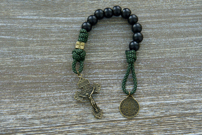 Sanctus Servo's 'Shield of Faith' - Green, Black & Olive 1 Decade Paracord Rosary with bronze Crusader cross beads, St. Benedict medal, and Pardon Crucifix. Durable, portable, and perfect for your faith journey.