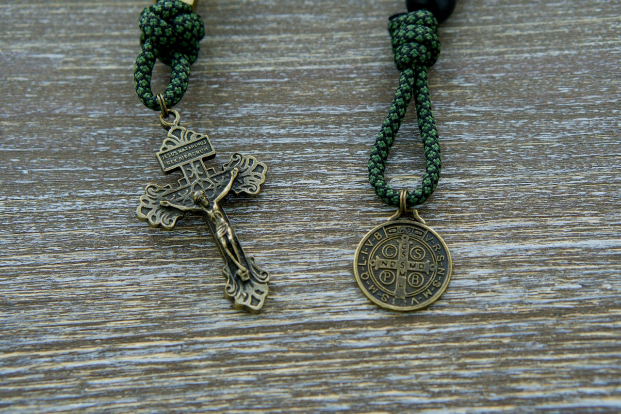 Green, Black, and Olive Shield of Faith 1 Decade Paracord Rosary - Durable, Premium, Unbreakable Catholic Gift