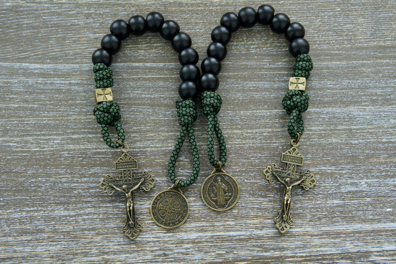 Shield of Faith - Green, Black and Olive 1 Decade Paracord Rosary: Durable green camo paracord rosary with black beads and bronze Crusader crosses, perfect for empowering your faith on-the-go.