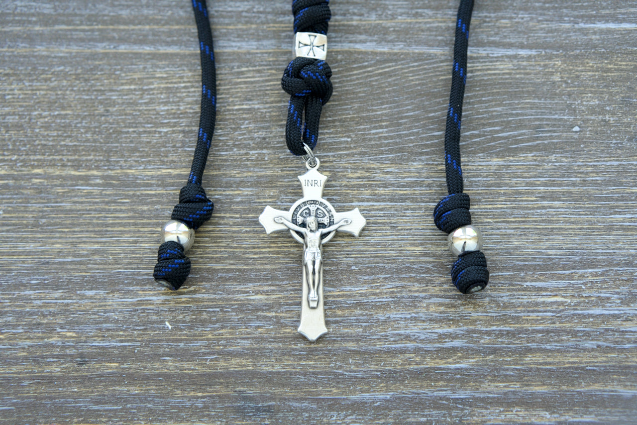 Solemn Crusader - Rearview Mirror Rosary - Catholic Paracord 9-inch rosary with Hail Mary, Our Father beads and silver St. Benedict crucifix, designed to hang from car rearview mirror for on-the-go prayer and protection.