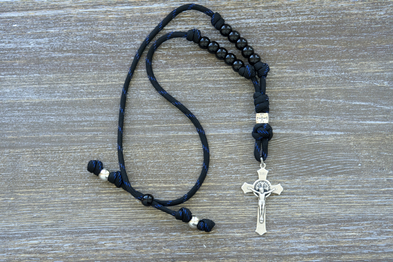 Catholic rearview mirror rosary, Solemn Crusader design, Paracord 550, Saint Benedict Crucifix, car spiritual accessory, handmade Catholic rosary for daily commute, protective prayer reminder.