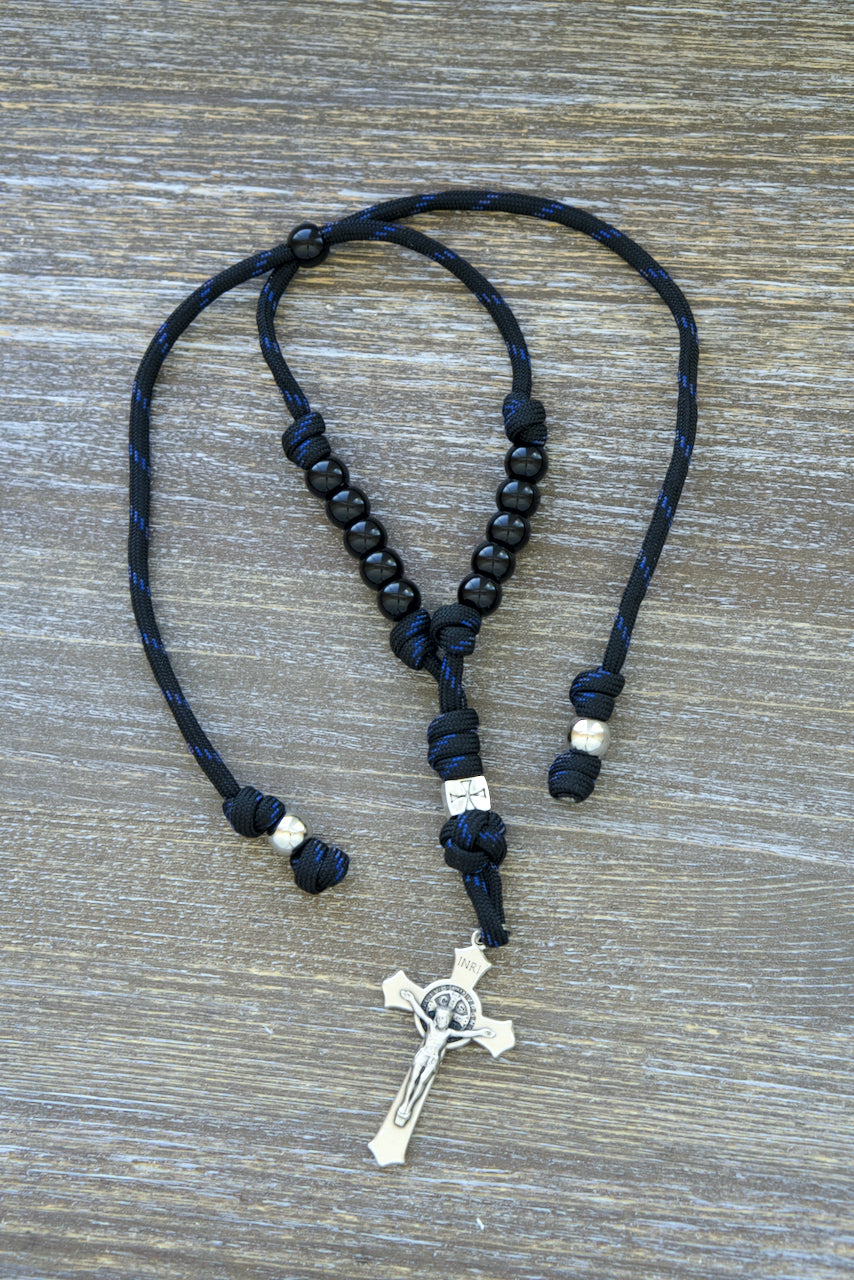 emn Crusader Paracord Mirror Rosary - Catholic car accessory featuring a black paracord with navy blue accents, 9-inch length, silver St. Benedict crucifix, and 10 Hail Mary beads & 1 Our Father bead for daily prayer on-the-go