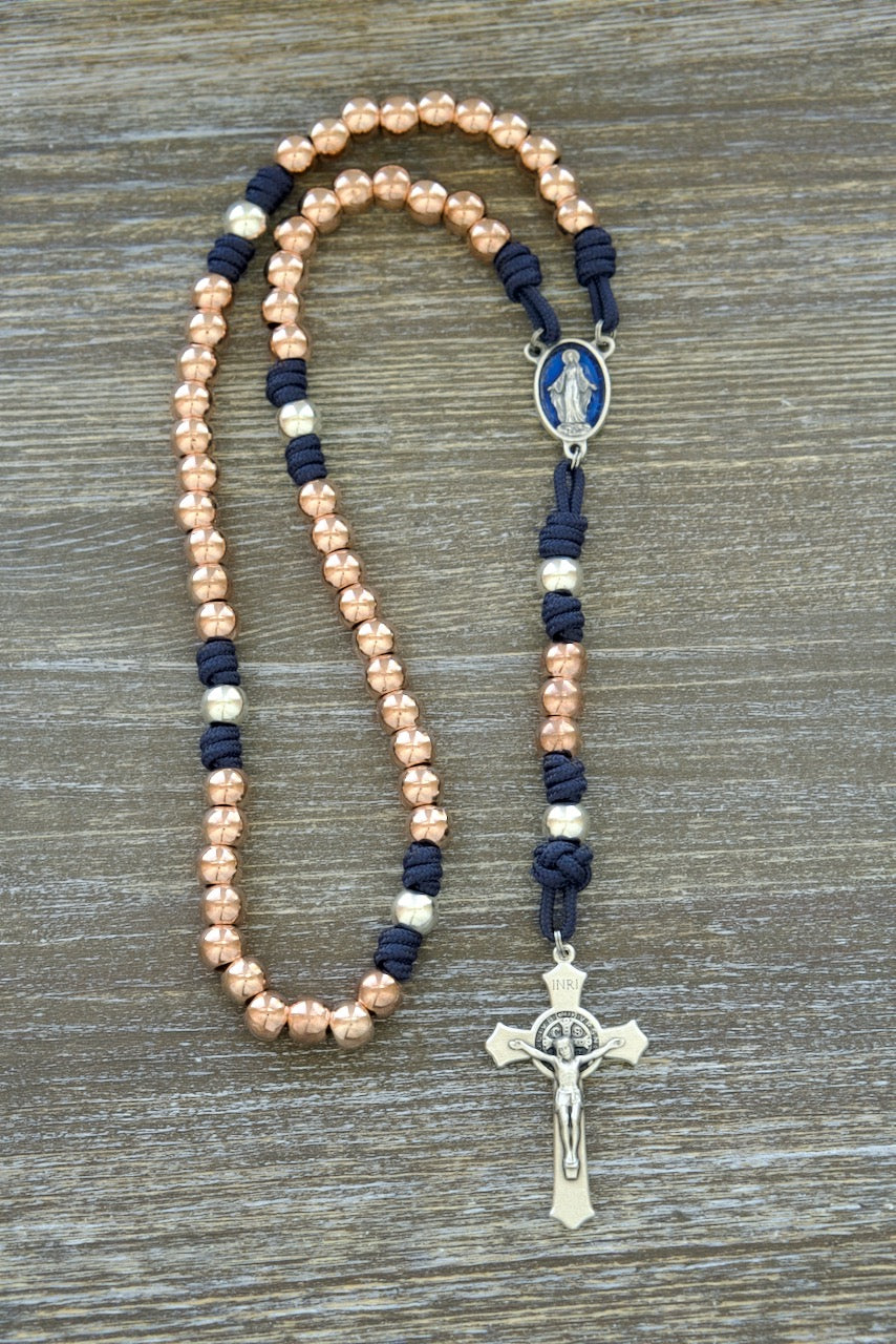 "Splendor of the Stars" Rose Gold and Navy Blue Premium Metal Paracord Rosary with Blue Enamel Our Lady of the Miraculous Medal Centerpiece, Silver Our Father Beads, and 2 Inch St. Benedict Crucifix