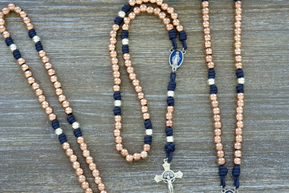 Beautiful Splendor of the Stars Rose Gold and Navy Blue Premium Metal Paracord Rosary with Blue Enamel Miraculous Medal Centerpiece, St. Benedict Crucifix, and Durable Paracord 275 Rope for Women - Catholic Gift