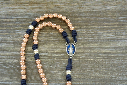 Premium Rose Gold and Navy Blue Unbreakable Paracord Rosary with Blue Enamel Miraculous Medal Centerpiece, Silver Our Father Beads, 10mm Hail Mary Beads, and Matched Silver St. Benedict Crucifix