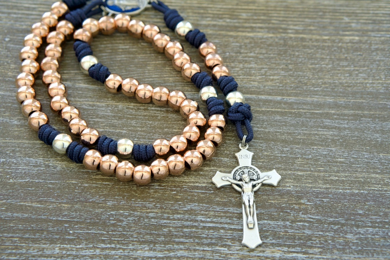 Premium Metal Paracord Rose Gold and Navy Blue Splendor of the Stars Rosary with Unbreakable Durability - Perfect Catholic Gift for Women.