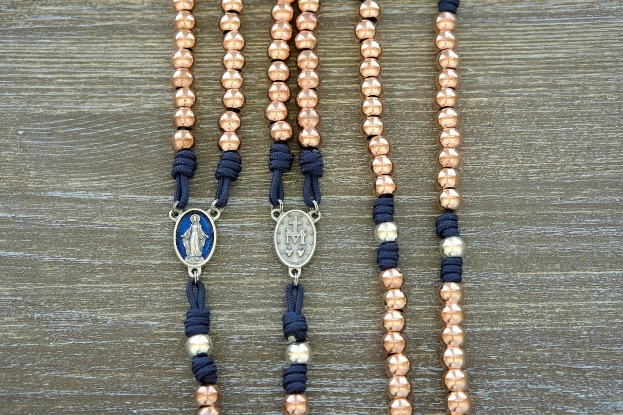 Elegant Rose Gold and Navy Blue Premium Metal Paracord Rosary with Enamel Miraculous Medal Centerpiece, Perfect Catholic Gift for Faithful Women