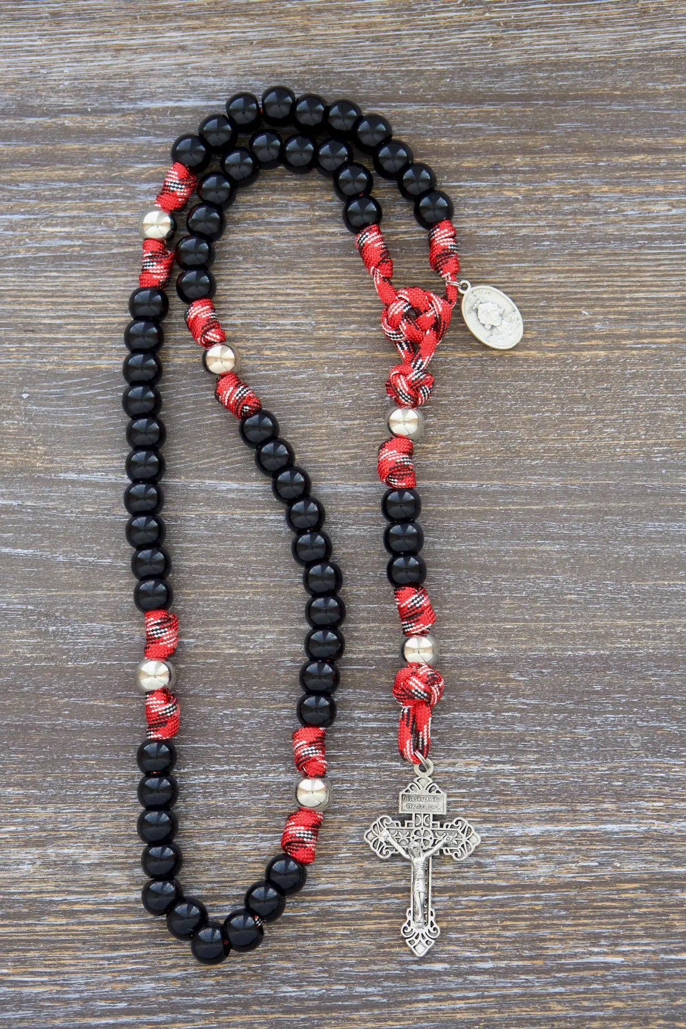 St. Florian's Strength rosary: premium paracord design for EMS, firefighters, showcasing dedication & faith.