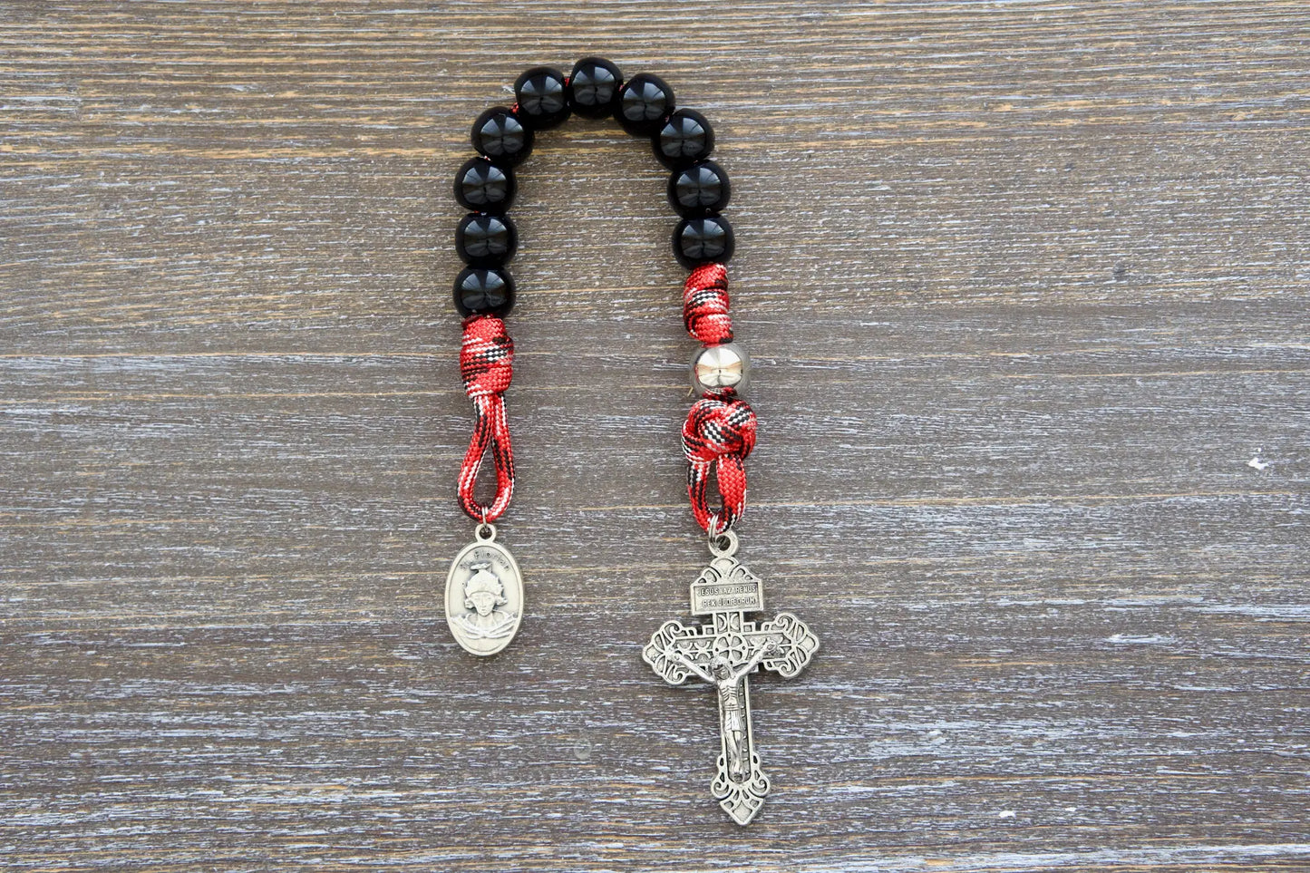 Silver St. Florian medal rosary, paracord construction, firefighter gift, religious symbol of strength for first responders.