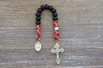 Silver St. Florian medal rosary, paracord construction, firefighter gift, religious symbol of strength for first responders.