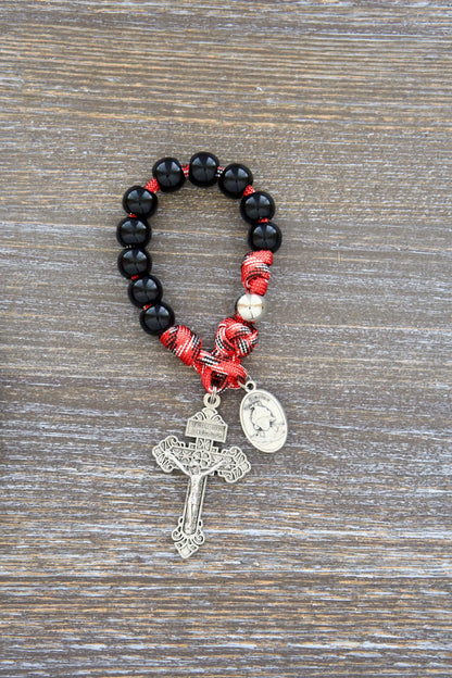 Premium quality fire fighter rosary with silver St. Florian medal, ideal for prayer and invoking protection during emergencies.