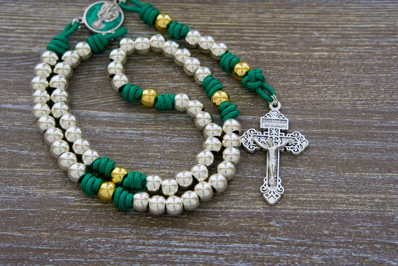 St. Jude the Miracle Worker Premium Metal Paracord Rosary - Durable Kelly Green Paracord, Silver & Gold Beads, and St. Jude Enamel Medal