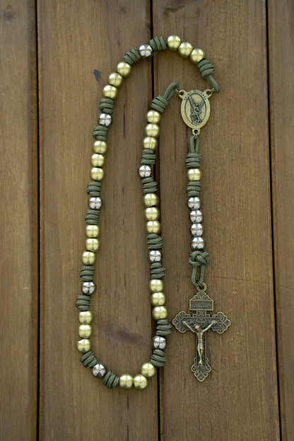 St. Michael Chaplet - Handmade olive and gunmetal paracord chaplet featuring an olive Crucifix, Hail Mary beads, a striking St. Michael centerpiece, and durable Army Green paracord construction.