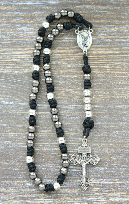 Black, blue, or green St. Michael paracord chaplet featuring silver St. Michael medal and 10mm metal alloy beads, pardon crucifix.