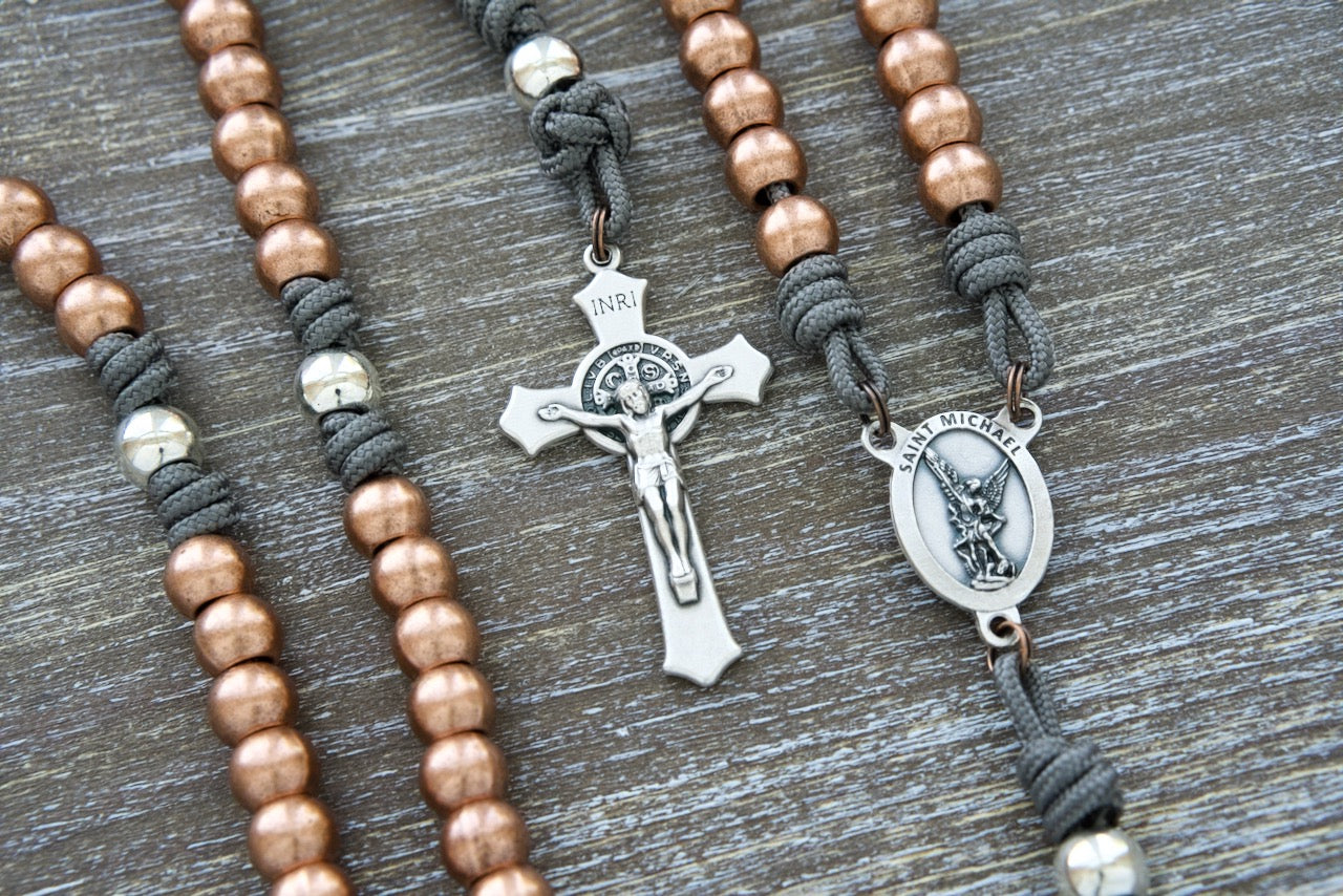 "St. Michael's Sword" Premium Paracord Rosary with Copper and Silver Beads, Durable Grey Paracord, Stainless Steel Metal Beads, 2" Silver St. Benedict Crucifix, and Silver St. Michael Centerpiece Medal - Handmade by Sanctus Servo's Catholic Family for Spiritual Protection and Unwavering Faith